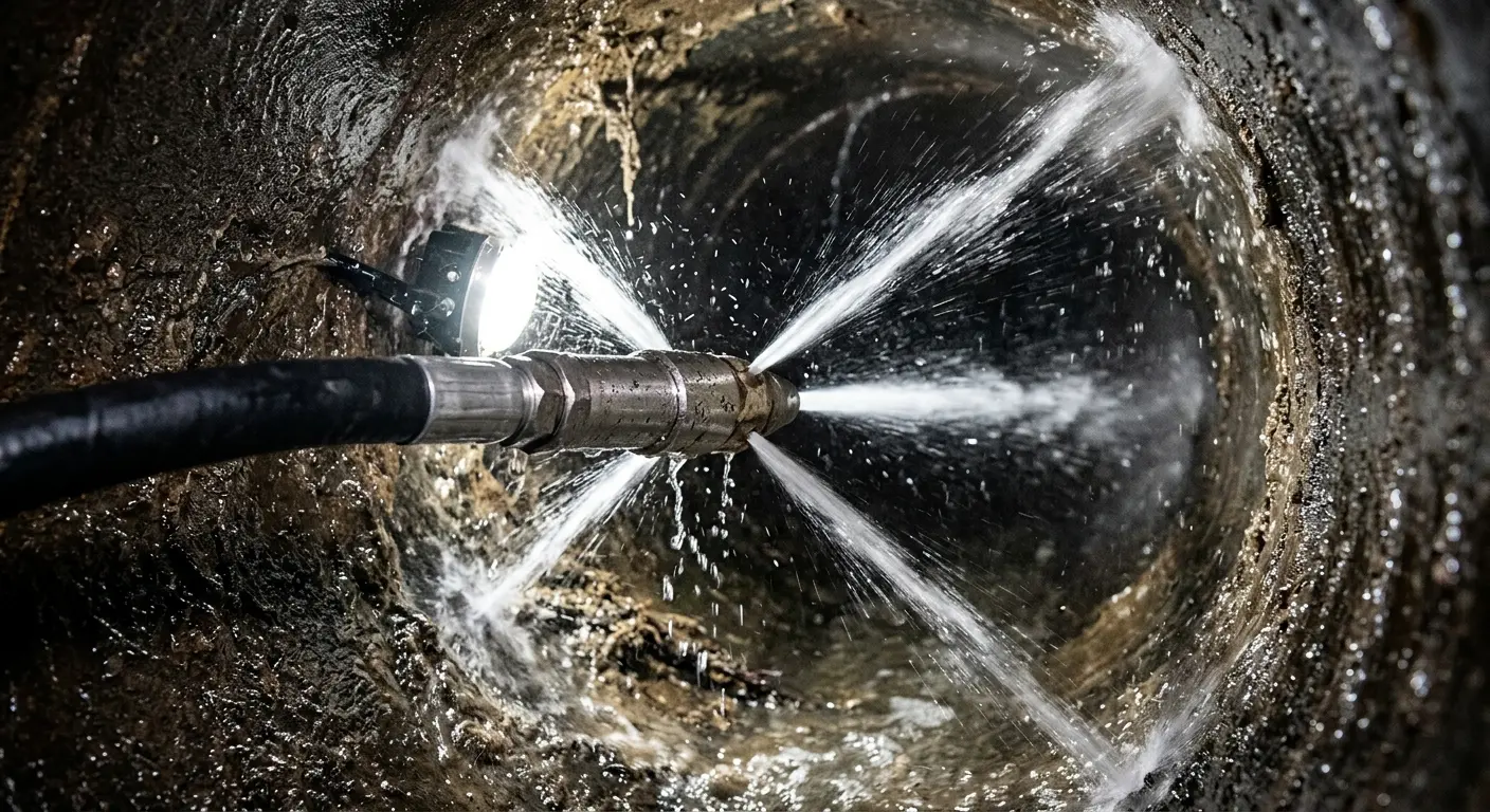 High-pressure hydro jetting nozzle cleaning sewer pipe for Trenchless Sewer Repair in Santa Fe Springs