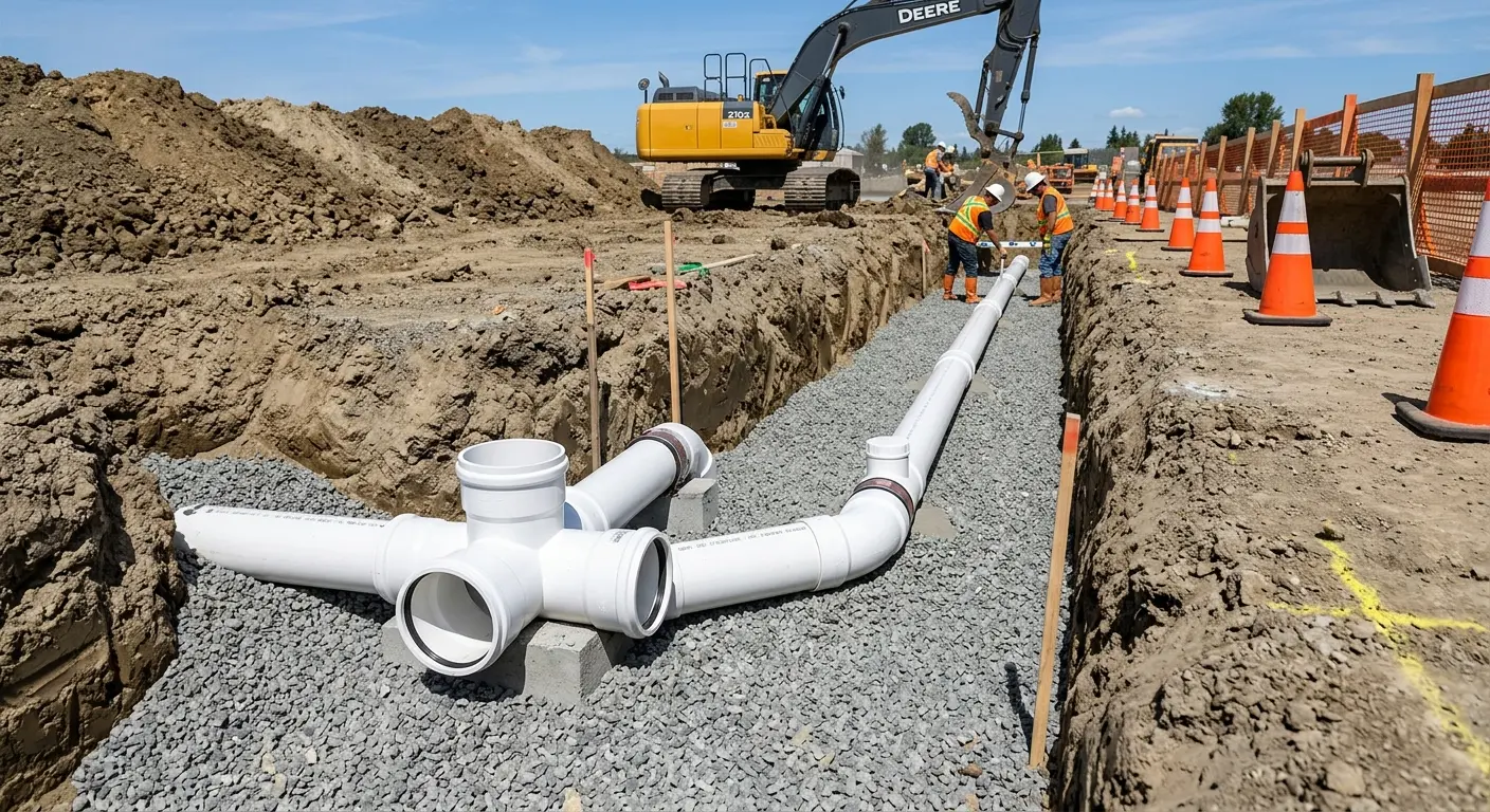 New PVC sewer pipe installation in open trench for Sewer Backup in Santa Fe Springs