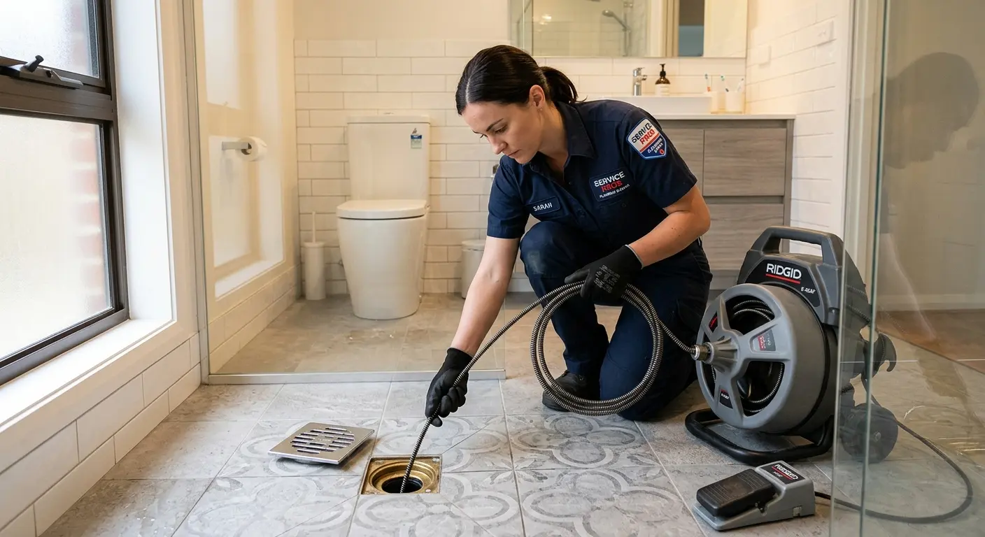 Technician clearing a bathroom floor drain for Hydro Jetting in Santa Fe Springs